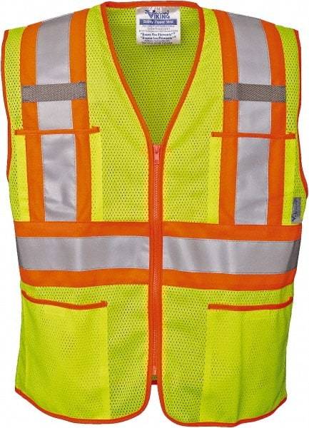 Viking - Size L High Visibility Lime Mesh Public Safety Vest - 43" Chest, ANSI 107-2010 Class 2, Level 2, Zipper Closure, 4 Pockets, Polyester - Industrial Tool & Supply