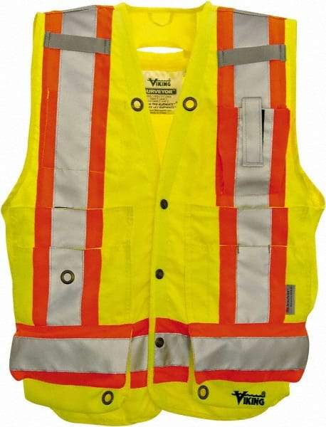 Viking - Size 2XL High Visibility Lime Solid Surveyor's Vest - 51" Chest, Snaps Closure, 13 Pockets, Polyester - Industrial Tool & Supply