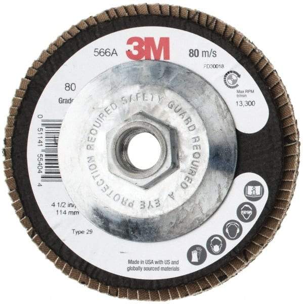 3M - 80 Grit, 4-1/2" Disc Diam, 5/8-11 Center Hole, Type 29 Zirconia Alumina Flap Disc - 13,300 Max RPM, Cloth Backing, Arbor Attaching System, Coated - Industrial Tool & Supply