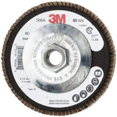 3M - 80 Grit, 4-1/2" Disc Diam, 5/8-11 Center Hole, Type 29 Zirconia Alumina Flap Disc - 13,300 Max RPM, Cloth Backing, Arbor Attaching System, Coated - Industrial Tool & Supply