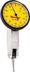 Starrett - 0.2 mm Range, 0.002 mm Dial Graduation, Horizontal Dial Test Indicator - 1-1/4 Inch Yellow Dial, 0-100-0 Dial Reading - Industrial Tool & Supply