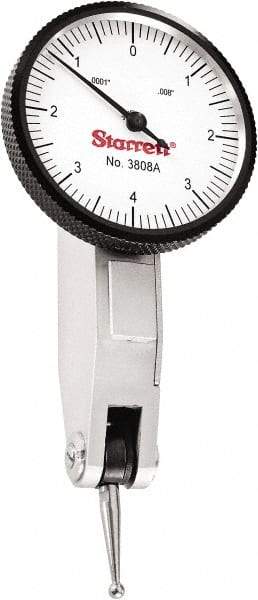 Starrett - 0.008 Inch Range, 0.0001 Inch Dial Graduation, Horizontal Dial Test Indicator - 1-1/4 Inch White Dial, 0-4-0 Dial Reading - Industrial Tool & Supply