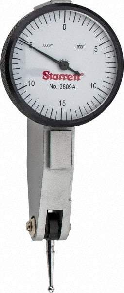Starrett - 0.03 Inch Range, 0.0005 Inch Dial Graduation, Horizontal Dial Test Indicator - 1-1/4 Inch White Dial, 0-15-0 Dial Reading - Industrial Tool & Supply