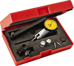 Starrett - 0.2 mm Range, 0.002 mm Dial Graduation, Horizontal Dial Test Indicator - 1-1/4 Inch Yellow Dial, 0-100-0 Dial Reading - Industrial Tool & Supply