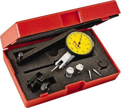 Starrett - 0.2 mm Range, 0.002 mm Dial Graduation, Horizontal Dial Test Indicator - 1-9/16 Inch Yellow Dial, 0-100-0 Dial Reading - Industrial Tool & Supply