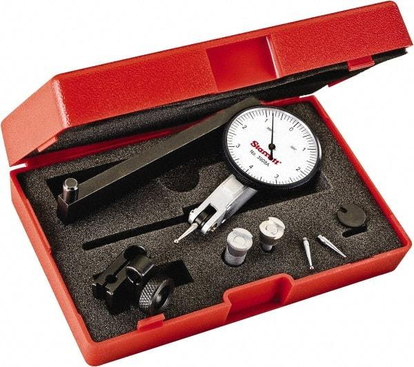 Starrett - 0.008 Inch Range, 0.0001 Inch Dial Graduation, Horizontal Dial Test Indicator - 1-9/16 Inch White Dial, 0-4-0 Dial Reading - Industrial Tool & Supply