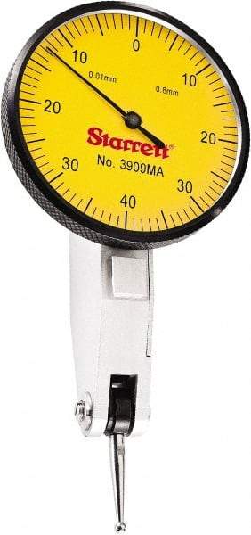 Starrett - 0.8 mm Range, 0.01 mm Dial Graduation, Horizontal Dial Test Indicator - 1-9/16 Inch Yellow Dial, 0-40-0 Dial Reading - Industrial Tool & Supply