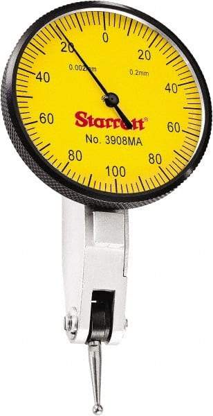 Starrett - 0.2 mm Range, 0.002 mm Dial Graduation, Horizontal Dial Test Indicator - 1-9/16 Inch Yellow Dial, 0-100-0 Dial Reading - Industrial Tool & Supply