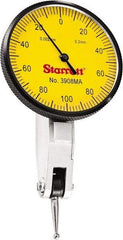 Starrett - 0.2 mm Range, 0.002 mm Dial Graduation, Horizontal Dial Test Indicator - 1-9/16 Inch Yellow Dial, 0-100-0 Dial Reading - Industrial Tool & Supply