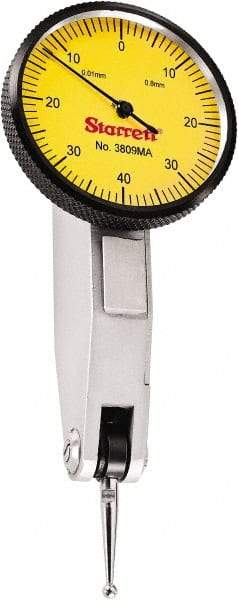 Starrett - 0.8 mm Range, 0.01 mm Dial Graduation, Horizontal Dial Test Indicator - 1-1/4 Inch Yellow Dial, 0-40-0 Dial Reading - Industrial Tool & Supply