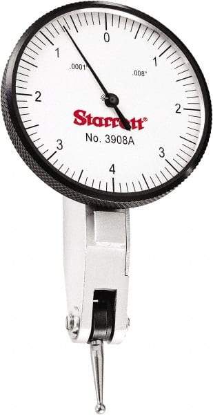 Starrett - 0.008 Inch Range, 0.0001 Inch Dial Graduation, Horizontal Dial Test Indicator - 1-9/16 Inch White Dial, 0-4-0 Dial Reading - Industrial Tool & Supply