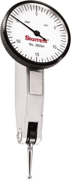 Starrett - 0.03 Inch Range, 0.0005 Inch Dial Graduation, Horizontal Dial Test Indicator - 1-9/16 Inch White Dial, 0-15-0 Dial Reading - Industrial Tool & Supply
