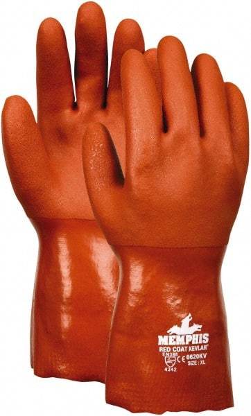 MCR Safety - Size M (8), ANSI Cut Lvl 3, Puncture Lvl 2, Abrasion Lvl 4, PVC Coated Kevlar Cut Resistant Gloves - 12" Long, Fully Coated Coated, Kevlar Lining, Gauntlet Cuff, Red, Paired - Industrial Tool & Supply