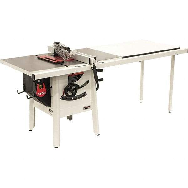 Jet - 10" Blade Diam, 5/8" Arbor Diam, 1 Phase Table Saw - 1-3/4 hp, 27" Wide, 115 Volt, 3-1/8" Cutting Depth - Industrial Tool & Supply