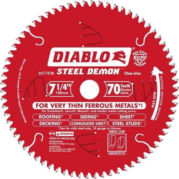 Freud - 7-1/4" Diam, 20mm Arbor Hole Diam, 70 Tooth Wet & Dry Cut Saw Blade - Carbide-Tipped, Burr-Free Action, Standard Round Arbor - Industrial Tool & Supply