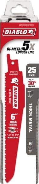 Freud - 6" Long x 1" Thick, Bi-Metal Reciprocating Saw Blade - Tapered Profile, 8 to 10 TPI, Toothed Edge, Tang Shank - Industrial Tool & Supply