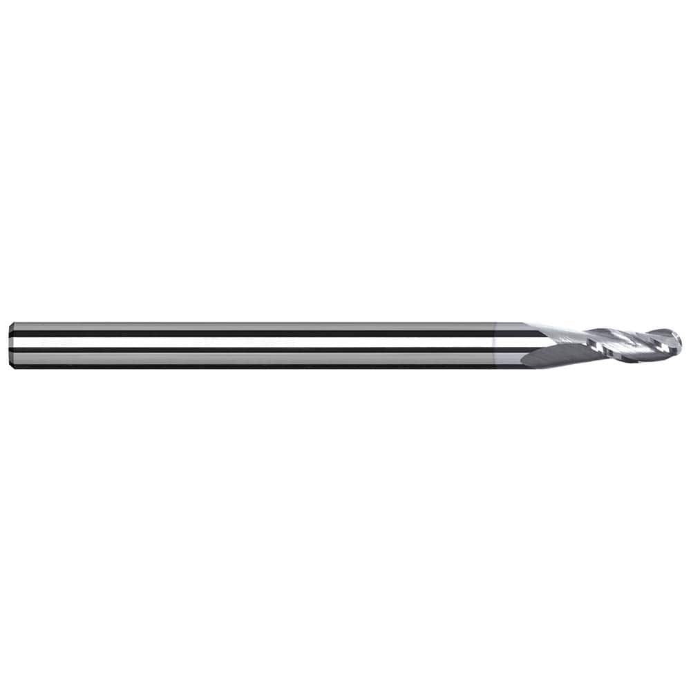 Ball End Mill: 0.04″ Dia, 0.06″ LOC, 3 Flute, Solid Carbide 1-1/2″ OAL, 1/8″ Shank Dia, 42 ° Helix, TiB2 Coated