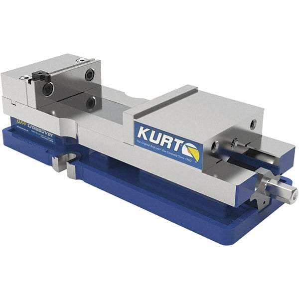 Kurt - 4" Jaw Width, 6-1/2" Jaw Opening Capacity, Horizontal Stationary Machine Vise - Reverse Manual Operation, 60 Lb Capacity, 1 Station, 14.56" Long x 84.47mm High x 1-15/64" Deep, 1.235" Jaw Height, 7,500 Lb Max Clamp Force, Ductile Iron - Industrial Tool & Supply