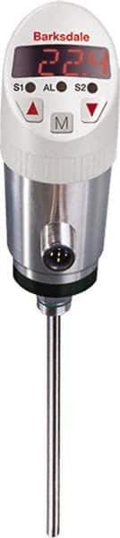 Barksdale - 32 to 210°F Electronic Temperature Switch and Transducer with Display - 1/4" NPT Male, 0.24 x 12" Rigid Stem, 4-20mA, M12, 304 Stainless Steel, ±0.5% - Industrial Tool & Supply