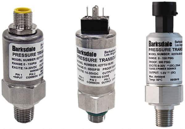 Barksdale - 3,000 Max psi, ±0.5% Accuracy, 7/16-20 SAE #4 ORB Connection Pressure Transducer - 0.5 to 4.5 VDC Output Signal, Subminiature DIN 43650 Wetted Parts, 1/4" Thread, -40 to 185°F, 5 Volts - Industrial Tool & Supply