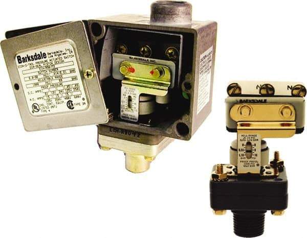 Barksdale - 0.5 to 15 psi Adjustable Range, 1,000 Max psi, Diaphragm Piston Pressure Switch - 1/2 NPT Male, Screw Terminals, SPDT Contact, Brass Wetted Parts, 2% Repeatability - Industrial Tool & Supply