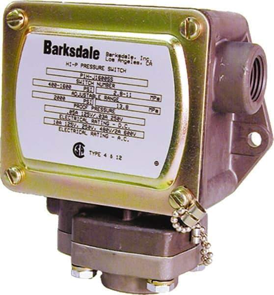 Barksdale - 0.5 to 30 PSI Adjustable Range, 2,000 Max psi, Diaphragm Piston Pressure Switch - 1/4 NPT Female, Screw Terminals, SPDT Contact, Anodized Al Wetted Parts, 2% Repeatability - Industrial Tool & Supply
