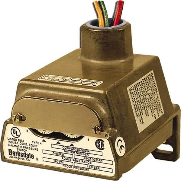 Barksdale - 0.5 to 80 psi Adjustable Range, 160 Max psi, Diaphragm Pressure Switch - 1/4 NPT Female, 18in Free Leads, 2 x SPDT Contact, 304SS Wetted Parts, 0.5% Repeatability - Industrial Tool & Supply