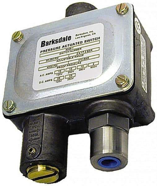 Barksdale - 50 to 500 PSI Adjustable Range, 6,000 Max psi, Sealed Piston Pressure Switch - 1/4 NPT Female, Screw Terminals, SPDT Contact, 416SS Wetted Parts, 2% Repeatability - Industrial Tool & Supply