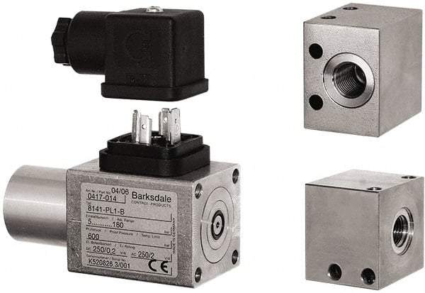 Barksdale - 800 to 8,700 psi Adjustable Range, 13,050 Max psi, Compact Pressure Switch - 7/16-20 UNF SAE, DIN 43650A, SPDT Contact, 300SS Wetted Parts, 2% Repeatability - Industrial Tool & Supply