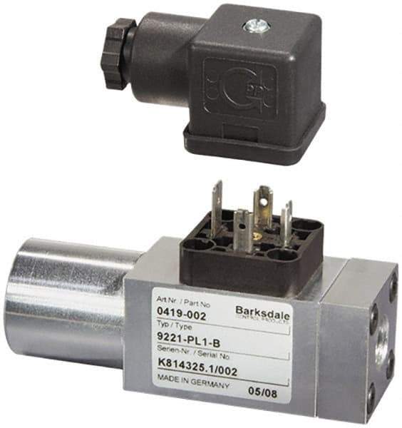 Barksdale - 220 to 2,900 psi Adjustable Range, 4,350 Max psi, Compact Pressure Switch - 7/16-20 UNF SAE, DIN 43650, SPDT Contact, SS Wetted Parts, 2% Repeatability - Industrial Tool & Supply