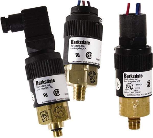 Barksdale - 1450 to 4,400 psi Adjustable Range, 7,000 Max psi, Compact Pressure Switch - 1/4 NPT Male, 1/2NPT Female Conduit Connector with Free Leads, SPDT Contact, Brass Wetted Parts, 2% Repeatability - Industrial Tool & Supply