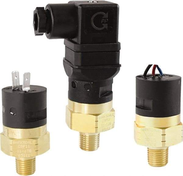 Barksdale - 5 to 5 psi Adjustable Range, 350 Max psi, Compact Pressure Switch - 1/4 NPT Male, 18in Free Leads, SPST/ NO Contact, Brass Wetted Parts, 3% Repeatability - Industrial Tool & Supply