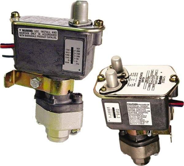 Barksdale - 250 to 3,000 psi Adjustable Range, 7,000 Max psi, Sealed Piston Pressure Switch - 1/4 NPT Female, 18in Free Leads, 2 x SPDT Contact, Nickel Plated Al Wetted Parts, 2% Repeatability - Industrial Tool & Supply