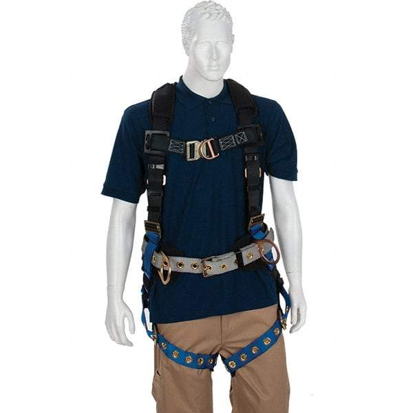 PRO-SAFE - 310 Lb Capacity, Size Universal, Full Body Construction Harness - Polyester, Front D-Rings, Side D-Rings, Tongue Buckle Leg Straps, Tongue Buckle Chest Strap, Gray/Blue, AntiTangle Strap, Back D Ring, Front D Ring & Side D Ring - Industrial Tool & Supply