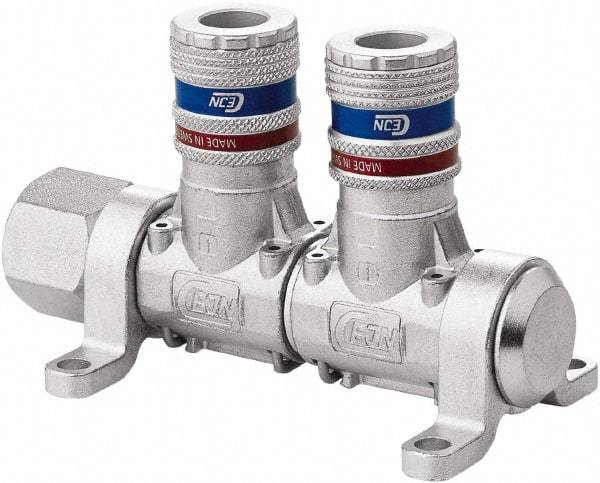 CEJN - 1/2" Inlet, 1/4" Outlet Manifold - 4.4" Long x 2.28" Wide x 2.7" High, 0.245" Mount Hole, 212°F Max, 230 Max PSI, 1 Inlet Port, 2 Outlet Ports - Industrial Tool & Supply