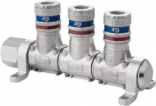 CEJN - 1/2" Inlet, 1/4" Outlet Manifold - 5-3/4" Long x 2.28" Wide x 2.7" High, 0.245" Mount Hole, 212°F Max, 230 Max PSI, 1 Inlet Port, 3 Outlet Ports - Industrial Tool & Supply