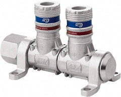 CEJN - 1/2" Inlet, 1/4" Outlet Manifold - 4.4" Long x 2.28" Wide x 2.7" High, 0.245" Mount Hole, 212°F Max, 230 Max PSI, 1 Inlet Port, 2 Outlet Ports - Industrial Tool & Supply