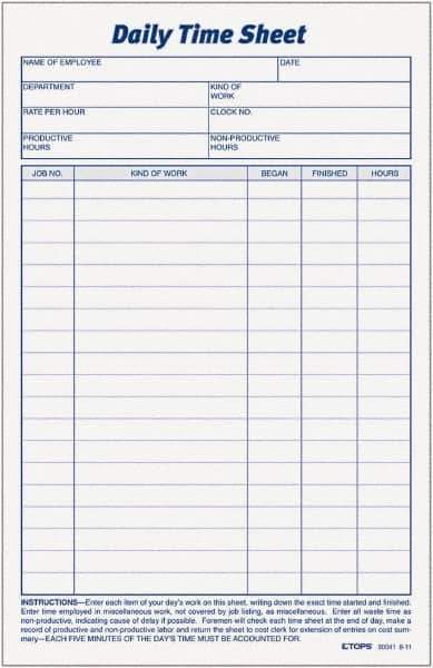 TOPS - 5-1/2" High x 8-1/2" Wide Daily Time & Job Sheets - Gray, White, Use with Manual Entries - Industrial Tool & Supply
