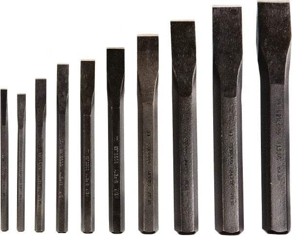 GearWrench - 10 Piece Cold Chisel Set - 5, 5-1/8, 6, 6-1/2, 7, 7-1/2 & 8" OAL, Alloy Steel, Sizes Included 1/4 to 1-1/8" - Industrial Tool & Supply