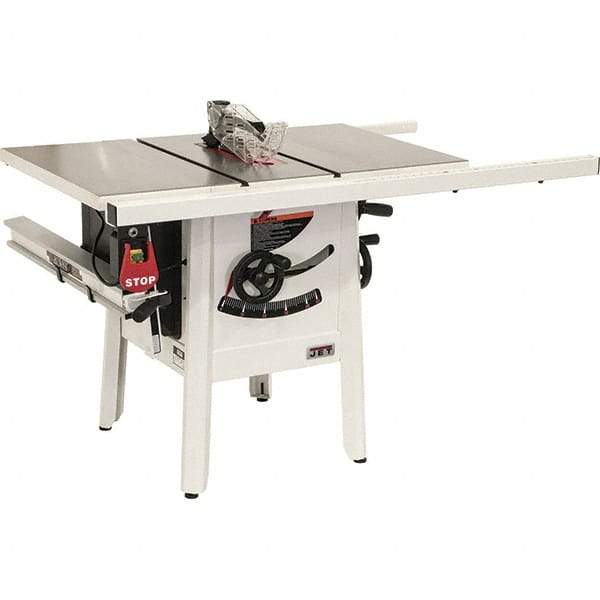 Jet - 10" Blade Diam, 5/8" Arbor Diam, 1 Phase Table Saw - 1-3/4 hp, 27" Wide, 115 Volt, 3-1/8" Cutting Depth - Industrial Tool & Supply