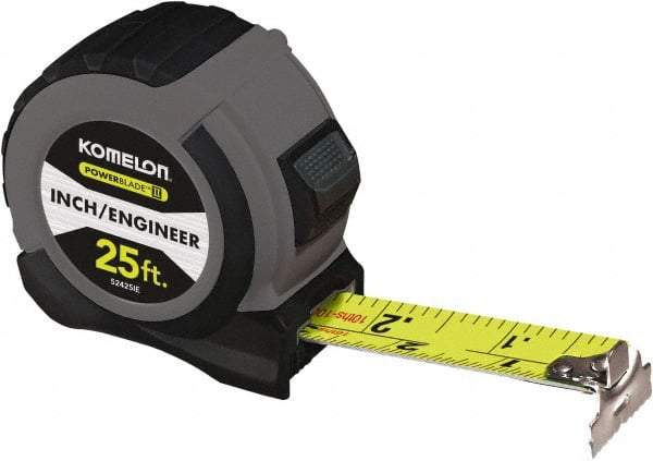 Komelon - 25' x 1-1/16" Yellow Steel Blade Tape Measure - 1/4, 1/8 & 1/16" Graduation, Blue/Gray ABS Plastic Case - Industrial Tool & Supply