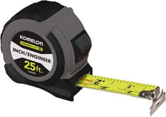 Komelon - 25' x 1-1/16" Yellow Steel Blade Tape Measure - 1/4, 1/8 & 1/16" Graduation, Blue/Gray ABS Plastic Case - Industrial Tool & Supply