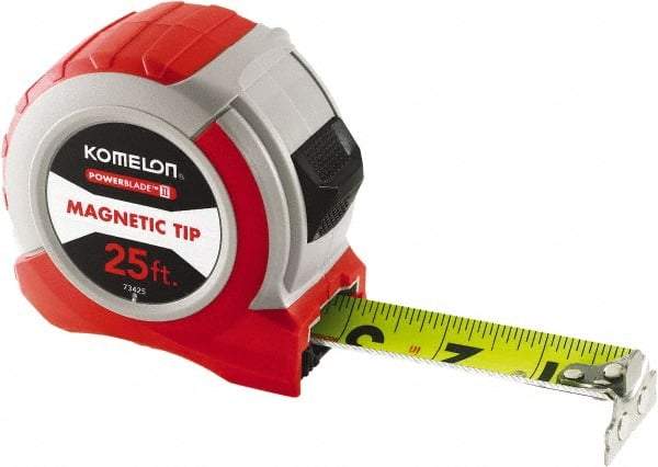 Komelon - 25' x 1-1/16" Yellow Steel Blade Tape Measure - 1/4, 1/8 & 1/16" Graduation, Red ABS Plastic Case - Industrial Tool & Supply