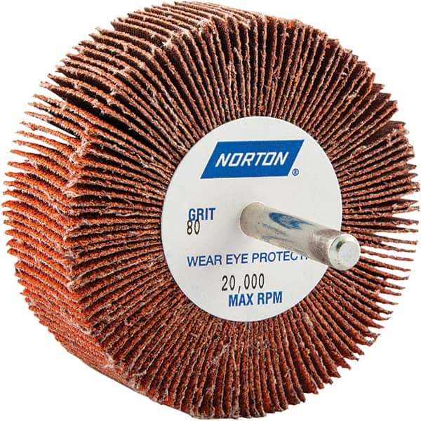 Norton - 3" Diam x 1" Face Width, Ceramic Alumina Coated Mounted Flap Wheel - 1/4" Shank Mount, 80 Grit, Cloth Backing, 20,000 Max RPM - Industrial Tool & Supply