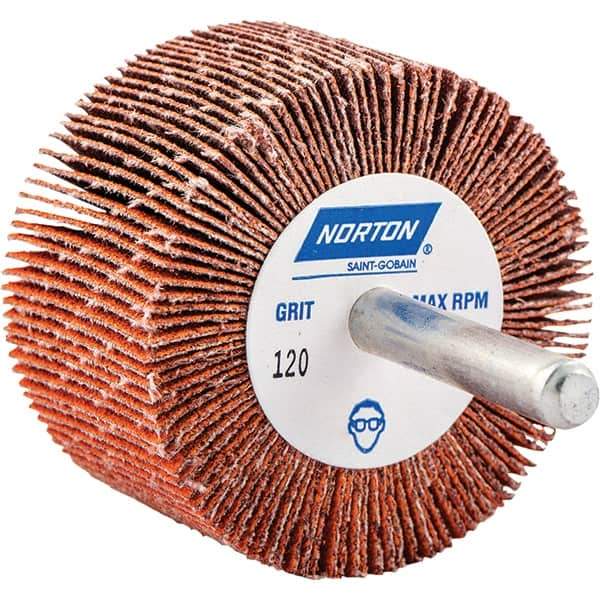 Norton - 2" Diam x 1" Face Width, Ceramic Alumina Coated Mounted Flap Wheel - 1/4" Shank Mount, 120 Grit, Cloth Backing, 25,000 Max RPM - Industrial Tool & Supply