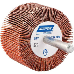 Norton - 2" Diam x 1" Face Width, Ceramic Alumina Coated Mounted Flap Wheel - 1/4" Shank Mount, 120 Grit, Cloth Backing, 25,000 Max RPM - Industrial Tool & Supply