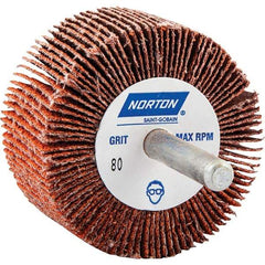 Norton - 2" Diam x 1" Face Width, Ceramic Alumina Coated Mounted Flap Wheel - 1/4" Shank Mount, 80 Grit, Cloth Backing, 25,000 Max RPM - Industrial Tool & Supply