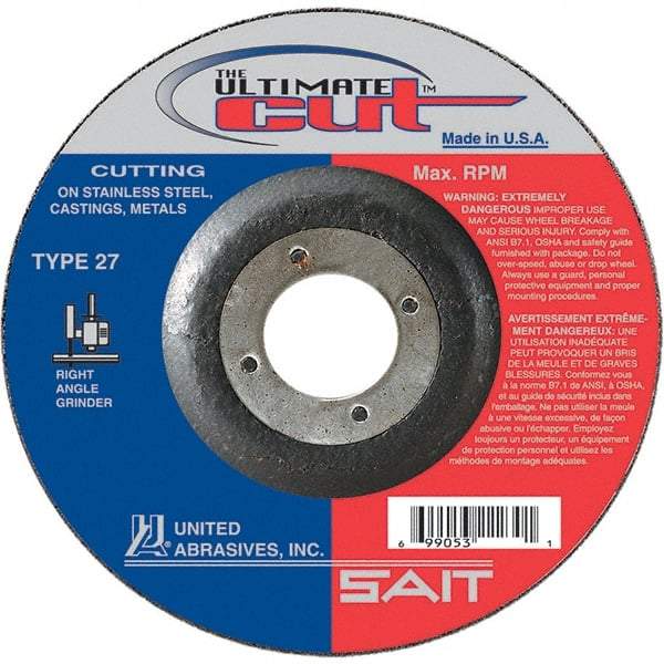 Sait - 4-1/2" Wheel Diam, 7/8" Arbor Hole, Type 27 Depressed Center Wheel - Coarse Grade, Ceramic, 13,300 Max RPM - Industrial Tool & Supply