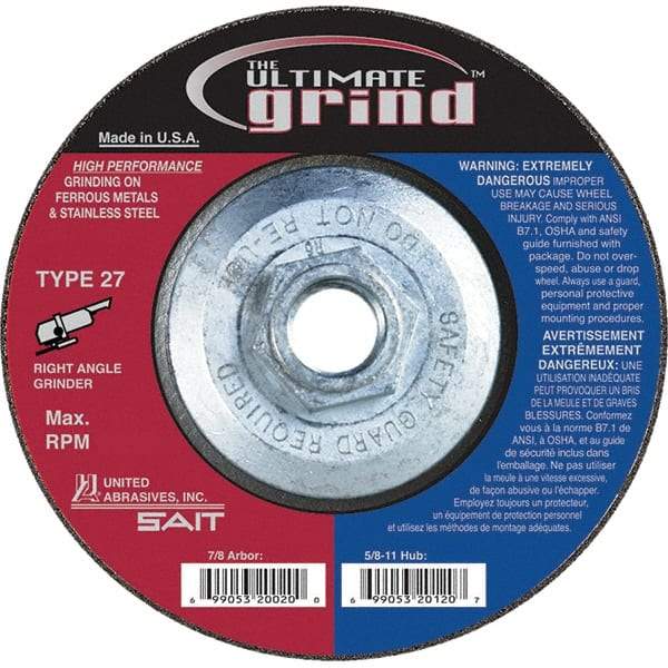 Sait - 6" Wheel Diam, 1/4" Wheel Thickness, Type 27 Depressed Center Wheel - Coarse Grade, Zirconia Alumina, 10,200 Max RPM - Industrial Tool & Supply