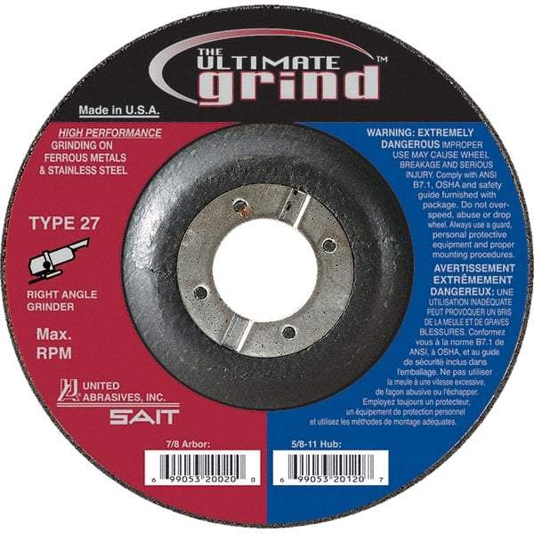 Sait - 4-1/2" Wheel Diam, 1/4" Wheel Thickness, 7/8" Arbor Hole, Type 27 Depressed Center Wheel - Coarse Grade, Zirconia Alumina, 13,300 Max RPM - Industrial Tool & Supply